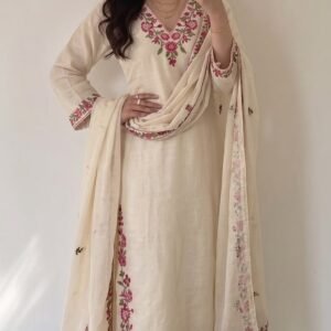 elegant ivory floral embroidered cotton suit set summer ethnic wear for women